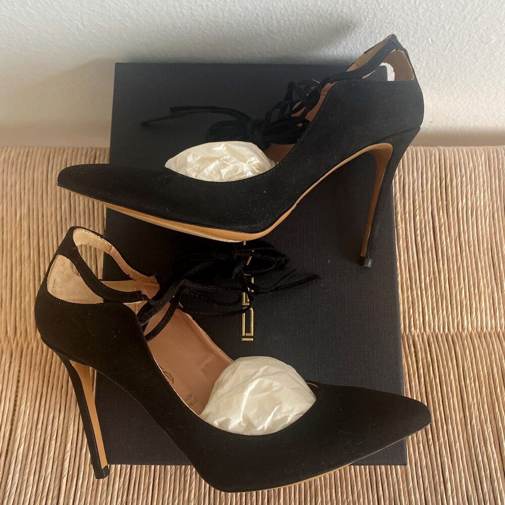 BRAND NEW IN BOX - Identita Jada Black Suede Anklewrap Stiletto 4"/100mm Pumps